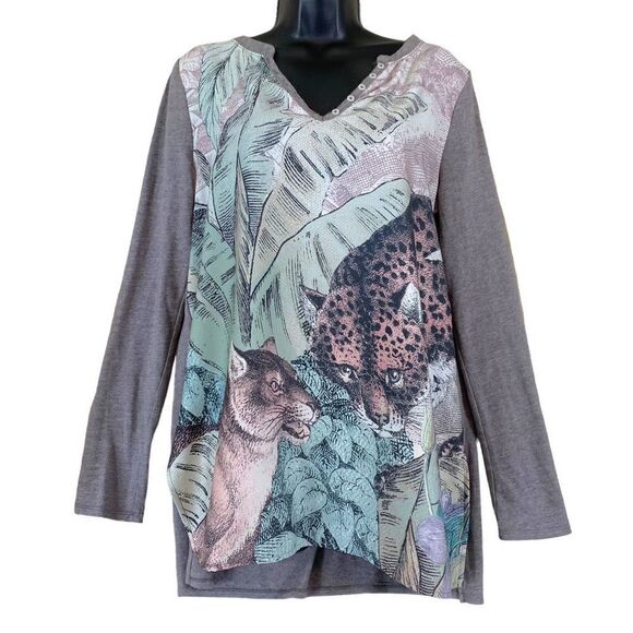 Anthropologie Akemi + Kin Fauna Leopard Jungle Print Henley Top - Picture 1 of 16